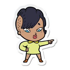 sticker of a cartoon surprised girl pointing
