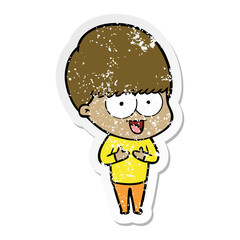 distressed sticker of a happy cartoon boy