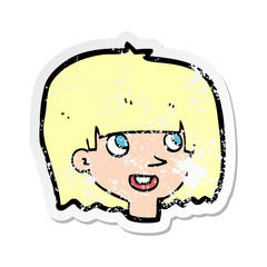 retro distressed sticker of a cartoon happy female face