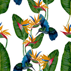 Watercolor seamless pattern with hummingbird