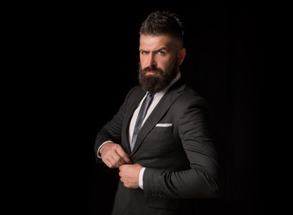 Bearded man suit fashion. Luxury classic suits, vogue. Man in classic suit, shirt and tie. Business...