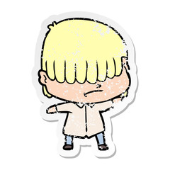 distressed sticker of a cartoon boy with untidy hair