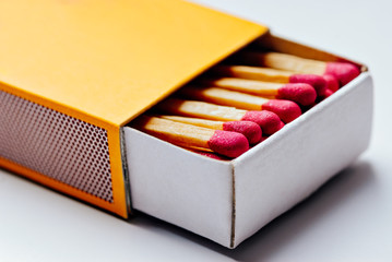 Open yellow matchbox. Matches, object