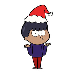 line drawing of a curious boy shrugging shoulders wearing santa hat