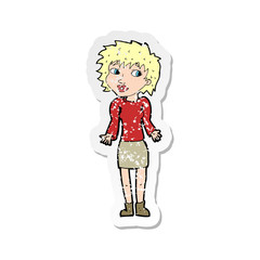 retro distressed sticker of a cartoon woman shrugging shoulders