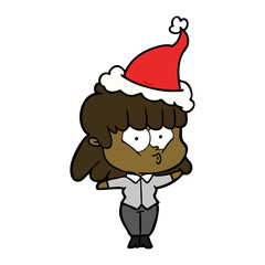 line drawing of a whistling girl wearing santa hat