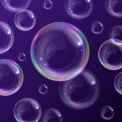 Realistic transparent floating soap bubbles with rainbow reflection. Design element for advertising booklet, flyer or poster