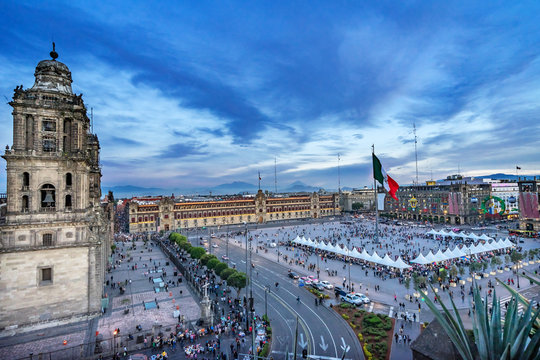Metropolitan Church Presidential Palace Zocalo Chrsitmas Flag Mexico City Mexico
