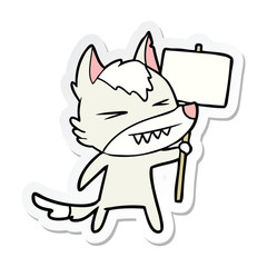 sticker of a angry wolf cartoon with placard