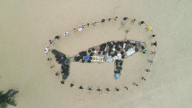 Drone zenital video of people doing a circle holding hands around an art made of whale-shaped garbage in the sand on the beach.