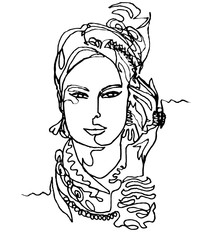 portrait of a woman in headscarf, fashion, continuous line, hand near face