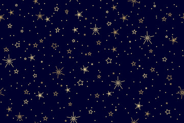 Fototapeta na wymiar Seamless night sky pattern with shining stars and midnight blue background