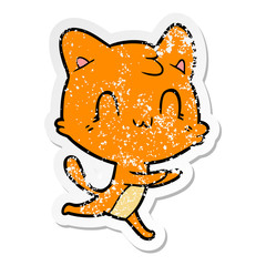 distressed sticker of a cartoon happy cat