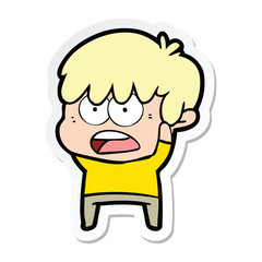 sticker of a worried cartoon boy