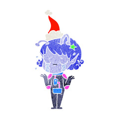 retro cartoon of a crying alien girl wearing santa hat