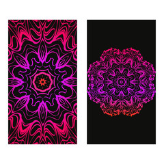 Design Vintage Cards With Floral Mandala Pattern And Ornaments. Vector Illustatration. The Front And Rear Side. Black purple color