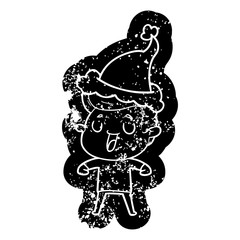 happy cartoon distressed icon of a man wearing santa hat