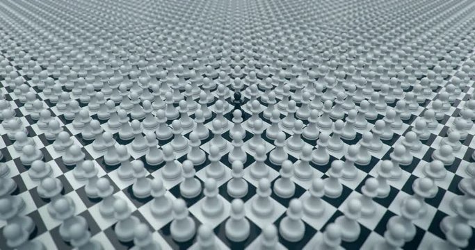 Zooming out from a unique black chess piece, 3D animation with alpha mask