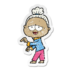 distressed sticker of a cartoon happy old lady