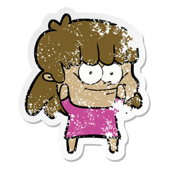 distressed sticker of a cartoon smiling woman