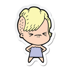 sticker of a cartoon annoyed hipster girl