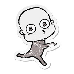 distressed sticker of a cartoon weird bald spaceman running