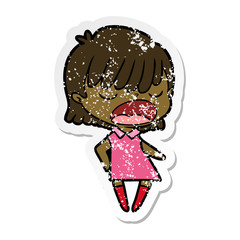 distressed sticker of a cartoon woman talking loudly