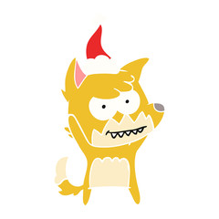 flat color illustration of a grinning fox wearing santa hat