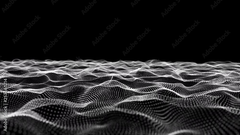 Poster 4k abstract wave dots white in black background. landscape background motion background for cyberspa