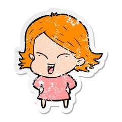 Obraz premium distressed sticker of a happy cartoon girl