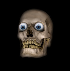 A scary human skull with blue eyes on a black background.