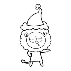 line drawing of a bored lion wearing santa hat