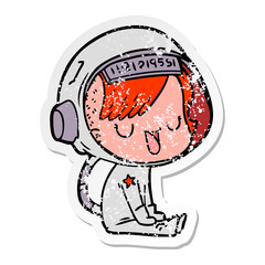 distressed sticker of a cartoon astronaut woman