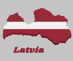 3D Map outline and flag of Latvia, a carmine field bisected by a narrow white stripe (one-fifth the width of the flag).