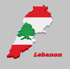 3D Map outline and flag of Lebanon, It is a horizontal triband of red and white, charged with a green Lebanon Cedar.
