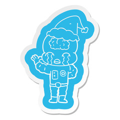 cartoon  sticker of a big brain alien crying wearing santa hat
