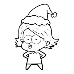 line drawing of a girl pouting wearing santa hat