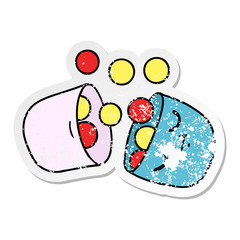 distressed sticker cartoon of a smiling pill