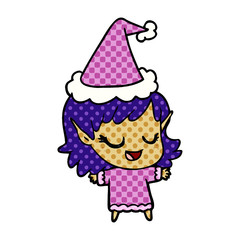 happy comic book style illustration of a elf girl wearing santa hat