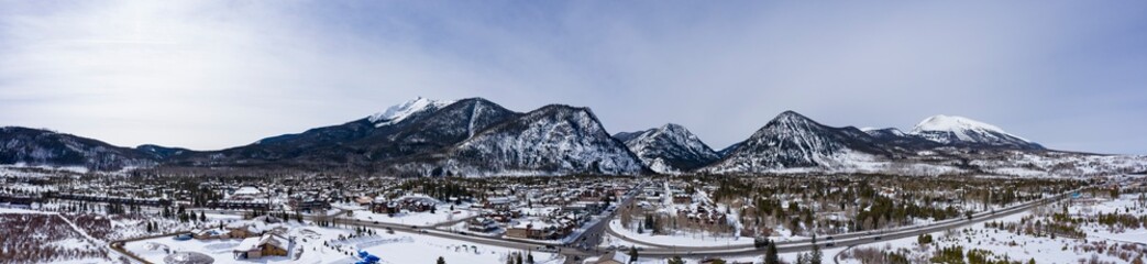 Frisco Colorado Winter Snow Panoramic Aerial View of City - obrazy, fototapety, plakaty
