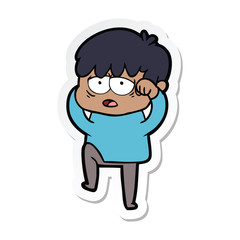 sticker of a cartoon exhausted boy
