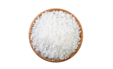 Fototapeta na wymiar white salt crystals in wooden bowl isolated on white background. Spices and food ingredients.