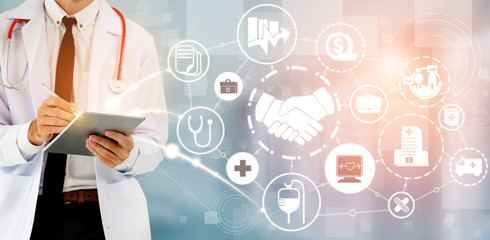 Health Insurance Concept - Doctor in hospital with health insurance related icon graphic interface...