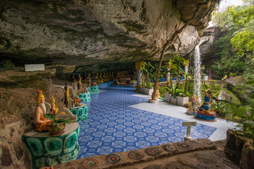 Fototapeta na wymiar Environment of Wat Tham Heo Sin Chai Haewsindhuchai cave an iconic amazing waterfall temple in Ubon Ratchathani province of Northeastern region of Thailand.