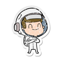 distressed sticker of a happy cartoon astronaut