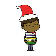 line drawing of a smiling boy with stack of books wearing santa hat