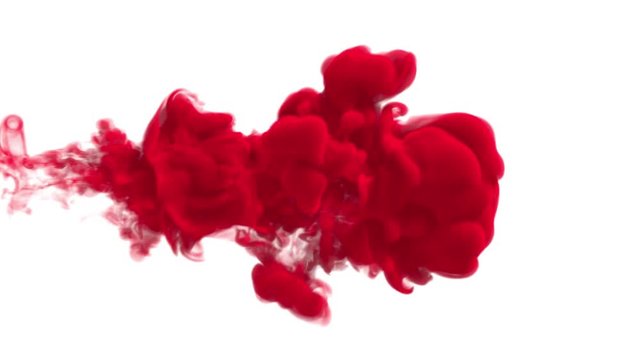 UHD 3D animated simulation of the scarlet red ink in a liquid against the white background