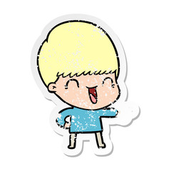 distressed sticker of a happy cartoon boy