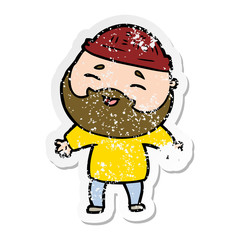 distressed sticker of a cartoon happy bearded man