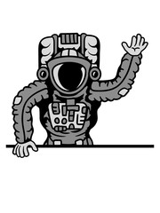 astronaut mauer rand schild text feld winkender weltall kosmonaut raumfahrer raumschiff rakete science fiction weltraumfahrer forscher fliegen schweben schwerelos raumanzug zukunft